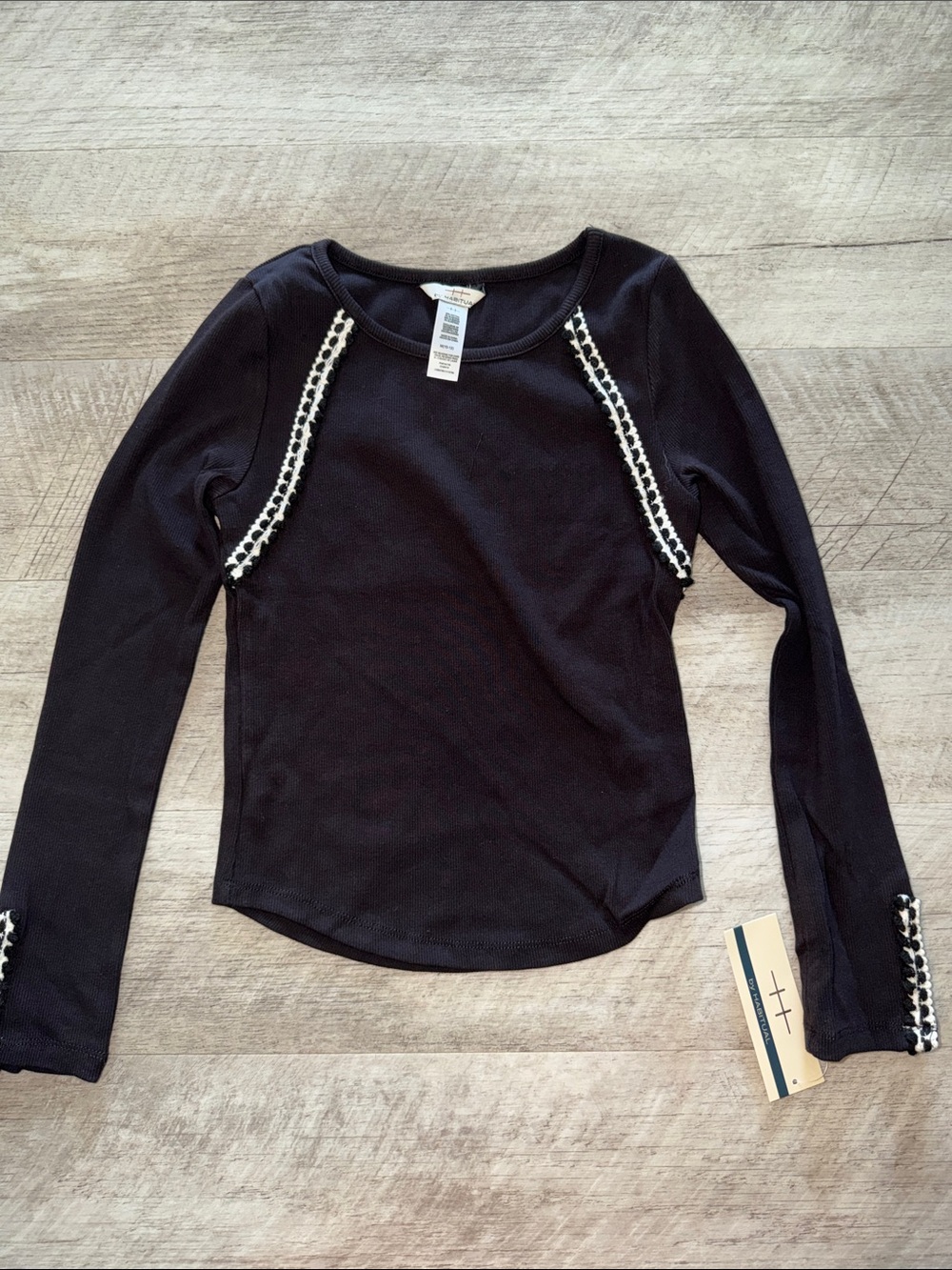 NEW Habitual Black Long-Sleeve Tee with White Crochet Trim